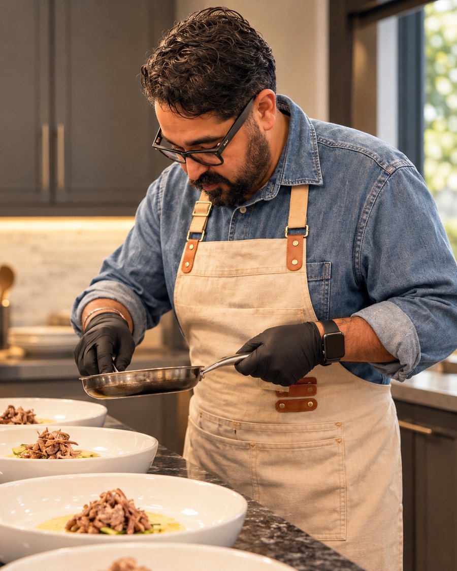 Chef Apaar Verma in a denim shirt and linen apron, plating shredded lamb into white bowls in a bright kitchen